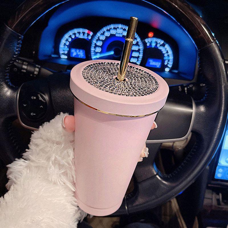 

British Beloved Romantic Gift Diamond-Encrusted Straw Cup for Girls, Stainless Steel Large-Capacity Thermos Cup with Rhinestones Thermos Cup [Sakura Pink]