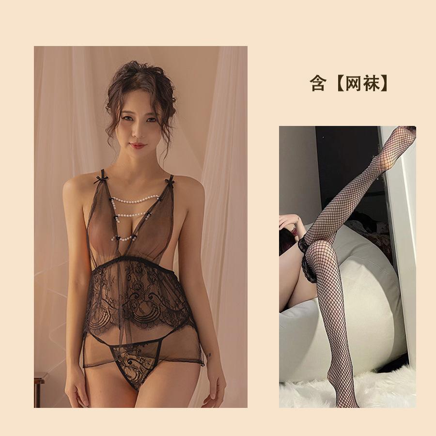 Sexy Lingerie Sexy Perspective Small Chest Bed Passion Pure Desire Pearl Mesh Deep V Hot Hollow Nightdress