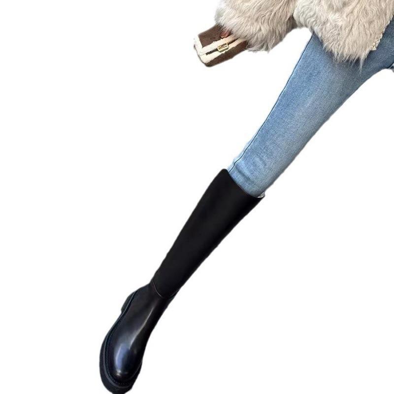 Cowhide Thick-soled Small Medium-length Boots Elastic Knight Boots Women's Autumn and Winter Leather High Boots
