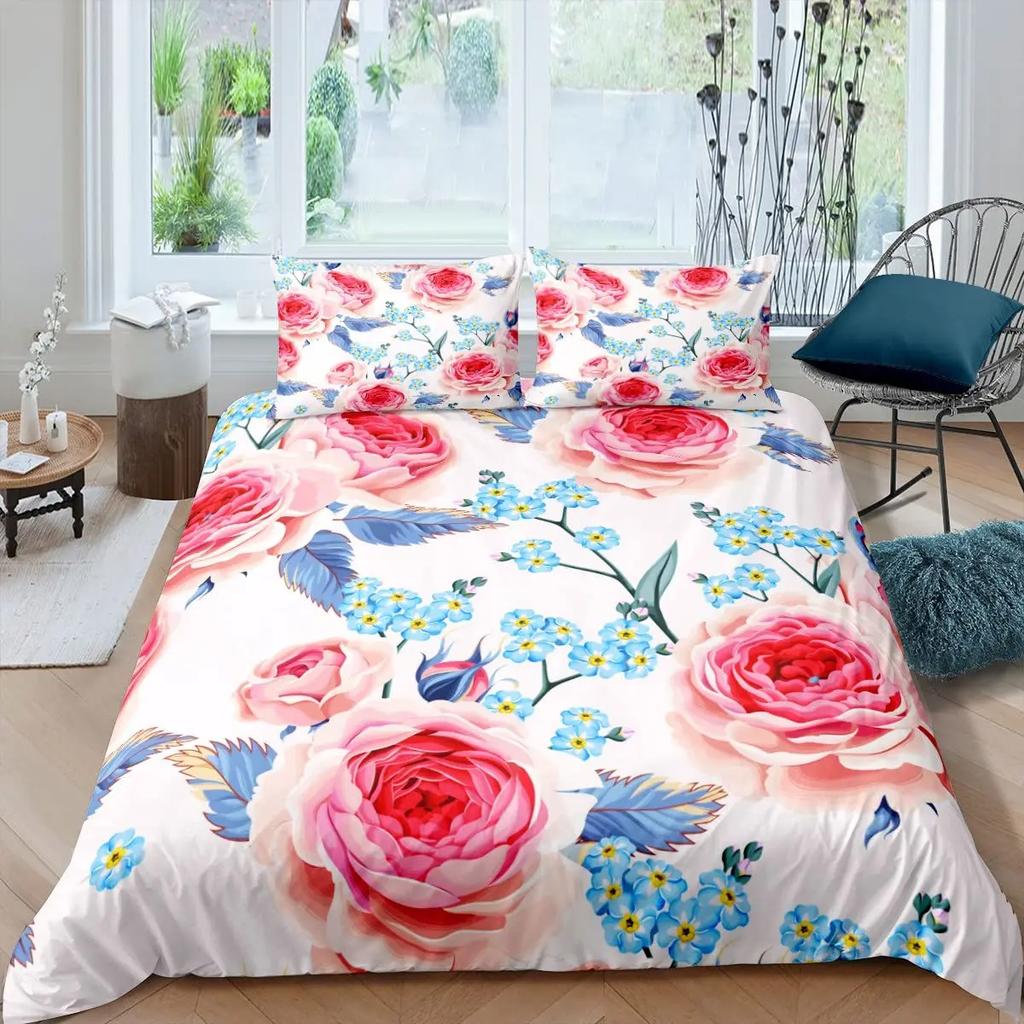 Pink Peony Duvet Cover Set Tulips Flowers Comforter Cover For Girls Women TwinFlorals Blossoms Botanical Plants Bedding Sets