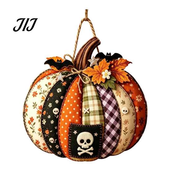 Seasonal Indoor Outdoor Sign Patchwork Pumpkin Wooden Door Hanger, Fall Harvest Halloween Decorative Maple Leaf Wreath with Leaves Berries, Farmhouse