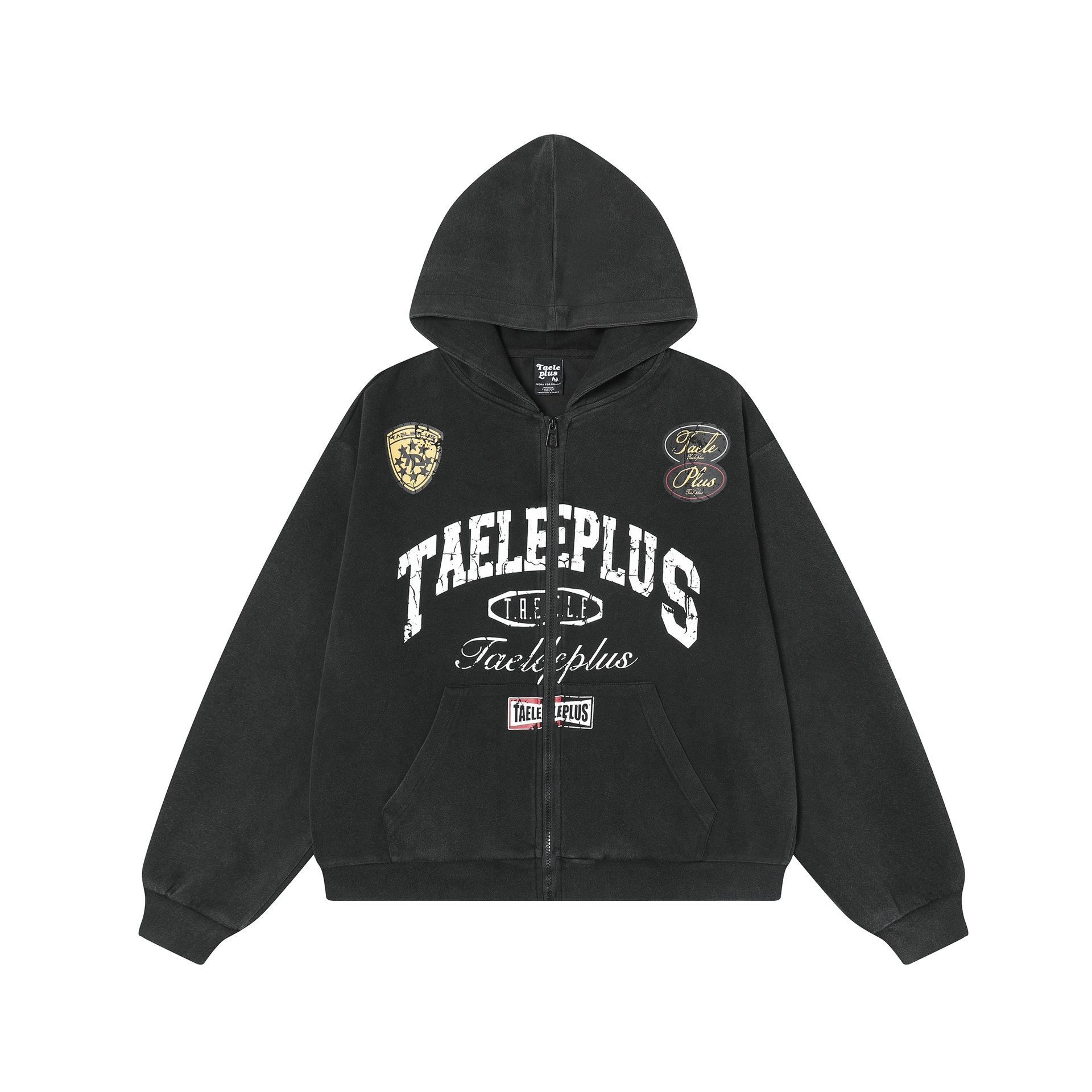 Men s spring and summer American college style retro washed hoodie jacket cardigan zip sweater M чёрный