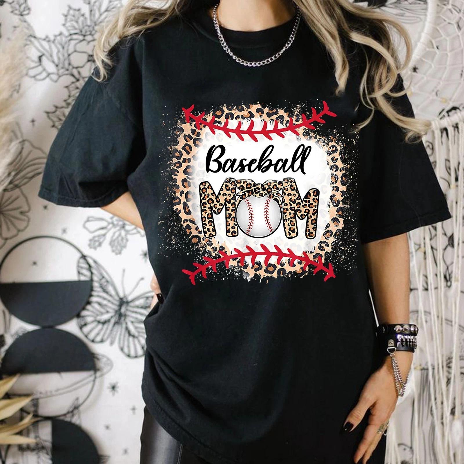 Retro Baseball Mom Tee, Leopard Patterns Graphic Tee for Baseball Player s Mom S