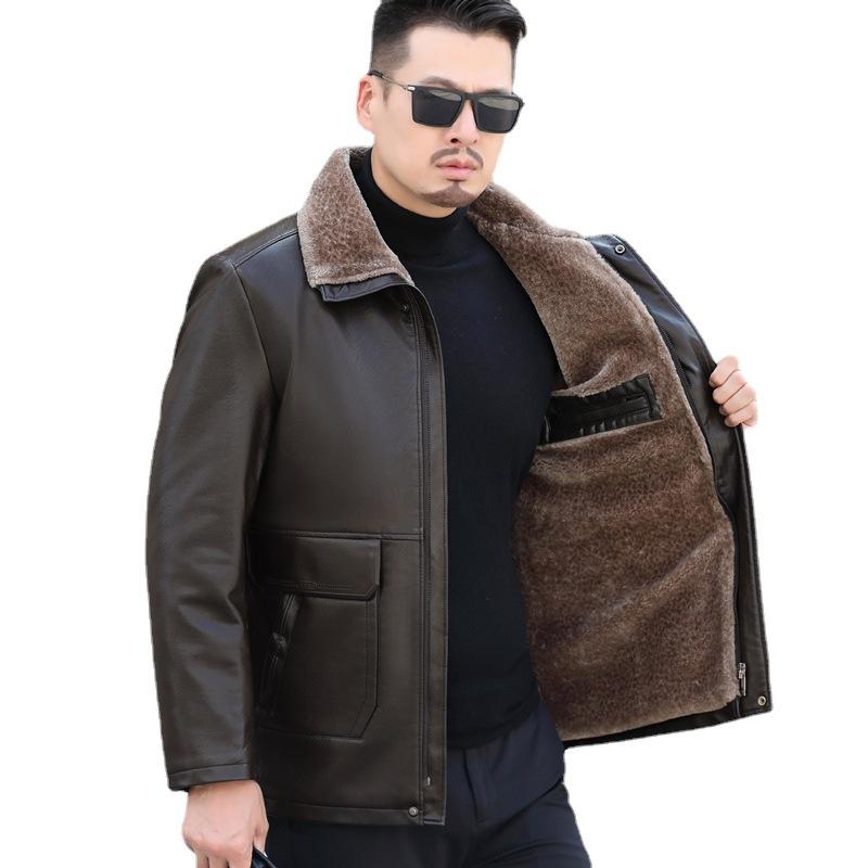 Winter new style genuine leather jacket men's sheepskin down jacket mid-length lapel leather jacket plus fleece jacket trendy