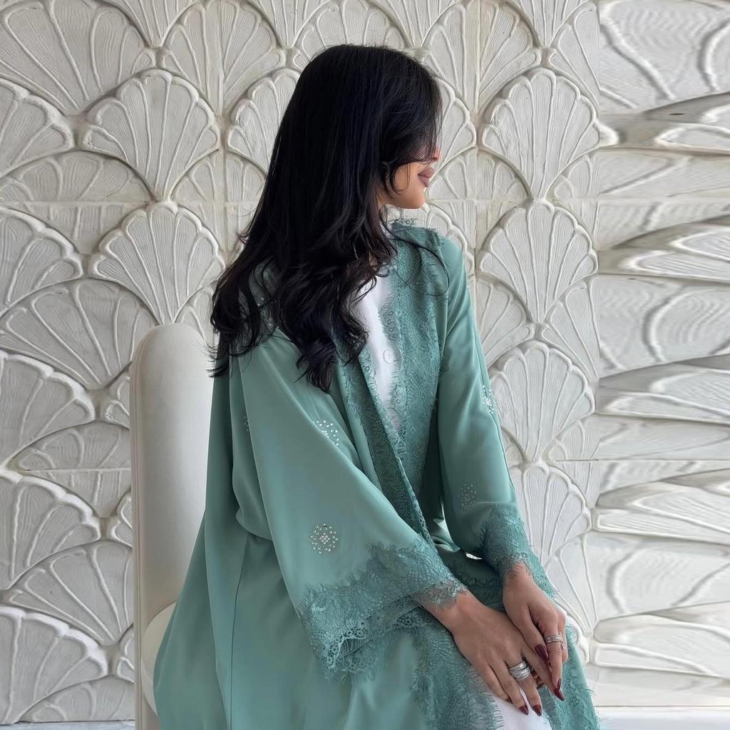 MQ214 Spitzen-Patchwork Langer Mantel - Bescheidene Abaya Robe für Muslimische Mode