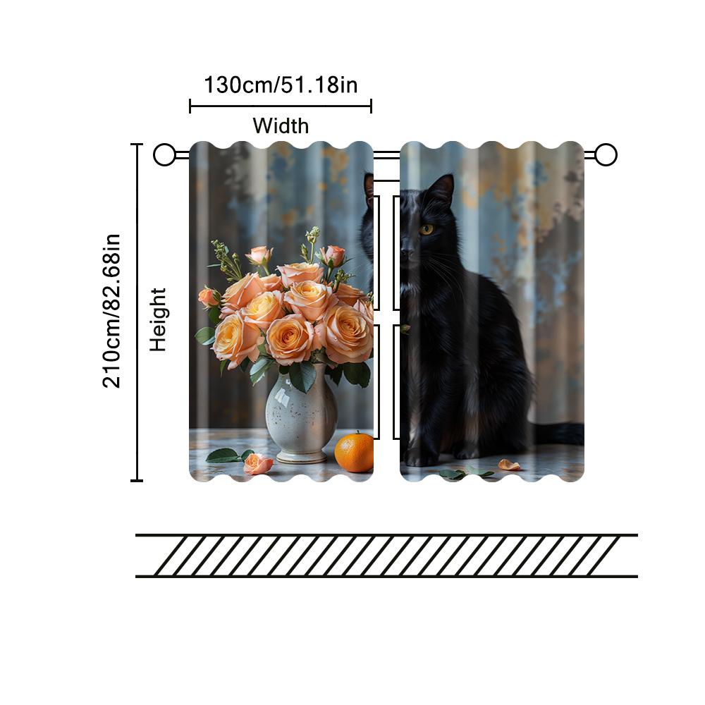 2 Pcs, Filtering Curtains (excluding Rods, Non-movable, Without Batteries) Black Cat with Floral Bouquet for Use In Bedrooms and