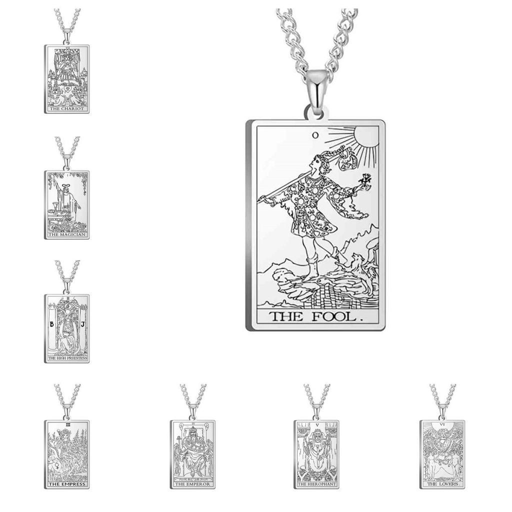 Stainless Steel Tarot Card Pendant Necklace - Men's Retro Hip Hop Style