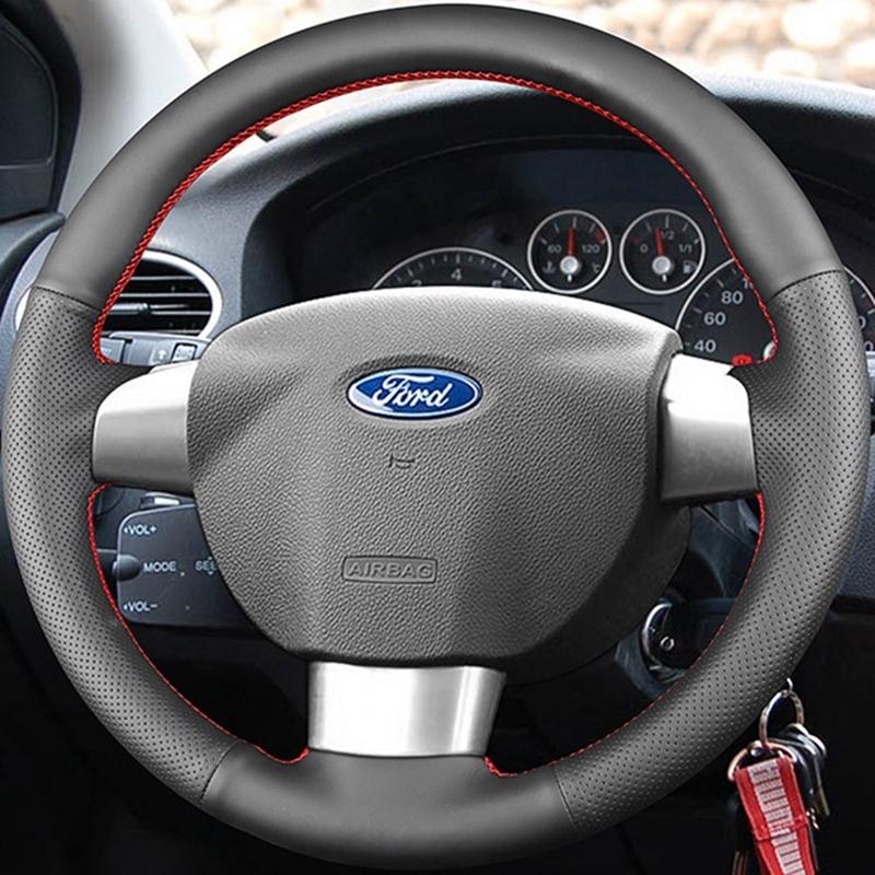 

Black Artificial Leather Steering Wheel Covers Hand-stitched Car Steering Wheel Cover For Ford Focus 2 2005-2011(3-Spoke) Light Blue Thread