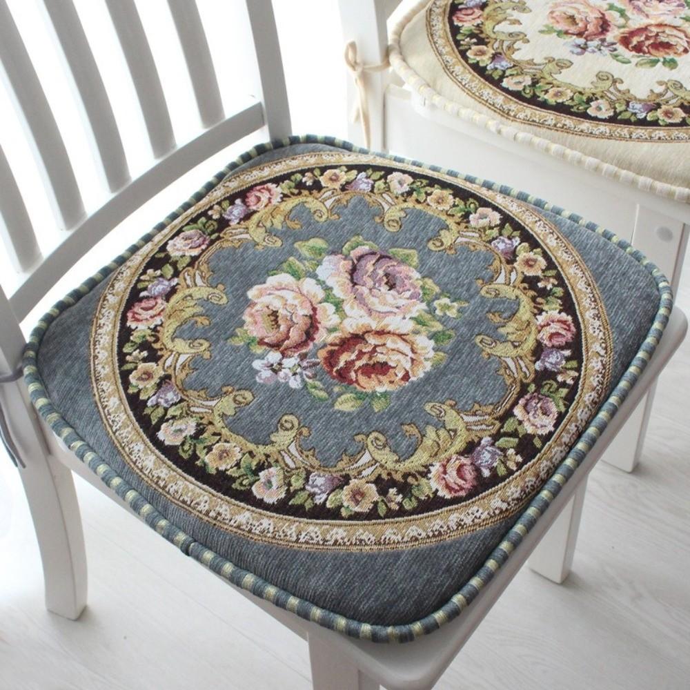 Vintage Chenille Dining Chair Cushion Detachable Non-slip Floral Chair Mat Soft with Straps Jacquard Seat Cushion