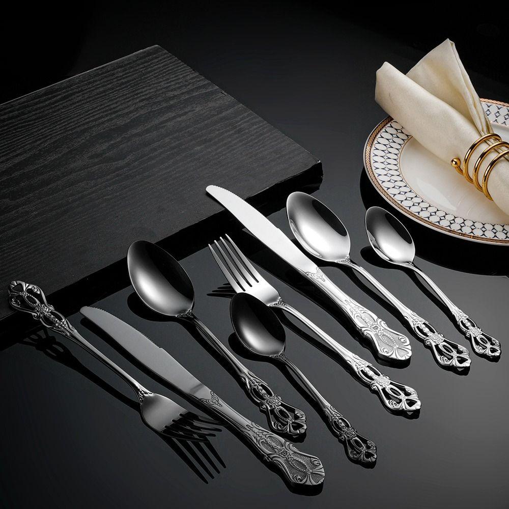 16Pcs Vintage Royal Court Cutlery Sets Embossed Design Stainless Steel Kitchen Flatware Set Smooth Edges Fork Spoon Set Dessert