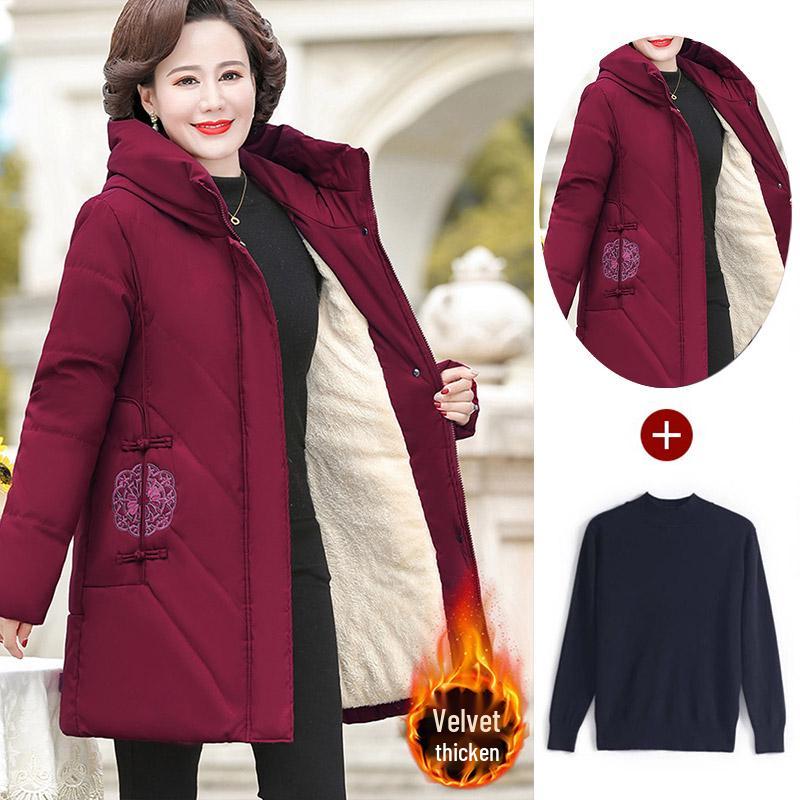 Red Mid-Length Winter Jacket for Middle-Aged and Elderly Women - Thick, Cotton-Padded, Suitable for Spring and Autumn