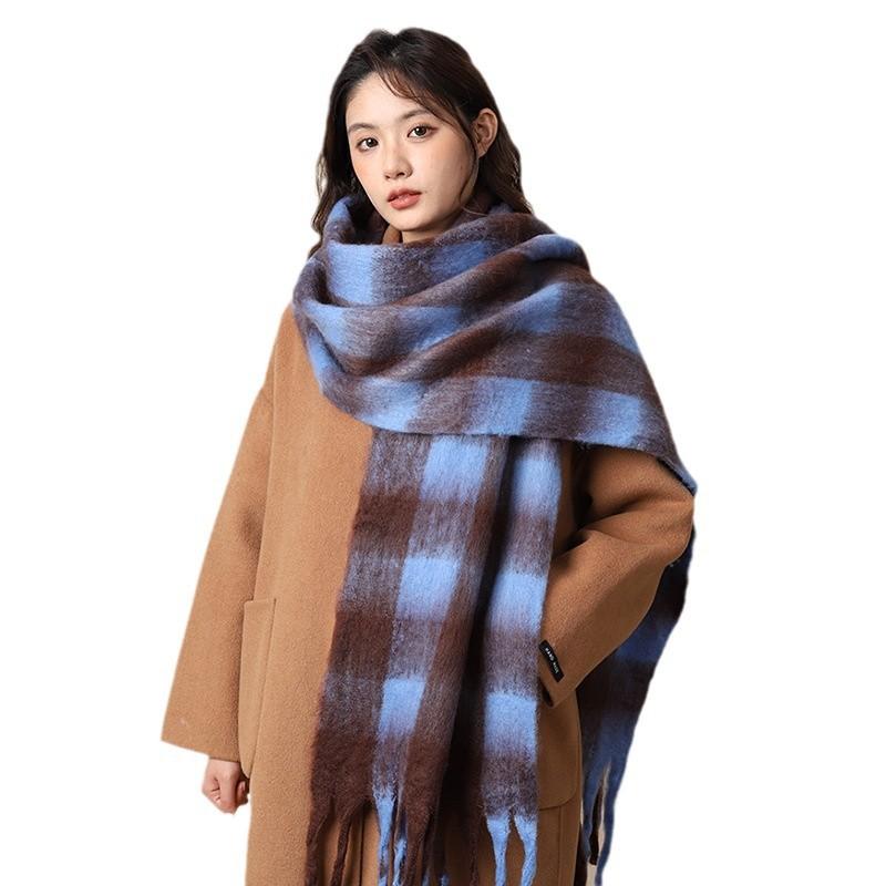 Plaid Large Scarf Women's Winter Warm Windproof Thickened Mohair Fringed Velvet Scarf Versatile Shawl Men