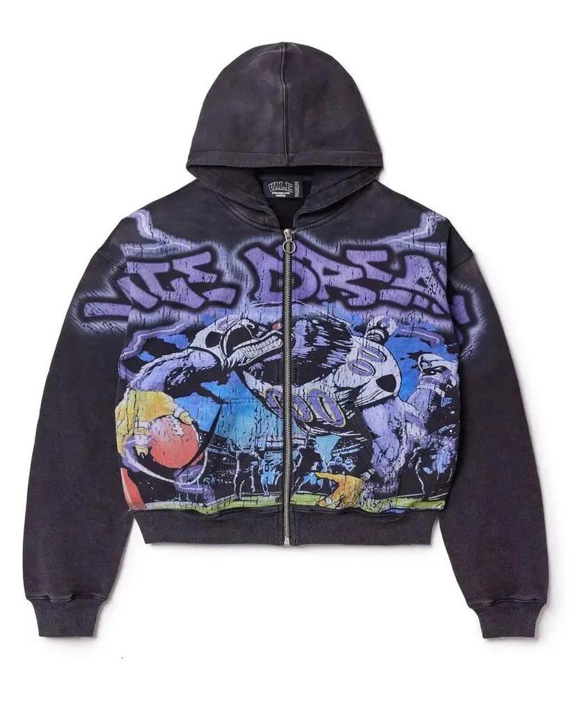 Europe, America 2025 American Graffiti Printing Men's and Women's Loose Casual Zipper Hooded Sweater Trendy Brand