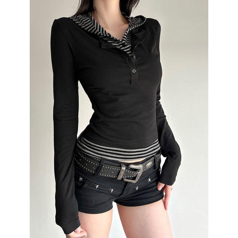 H's European and American Women's Clothing Retro Contrast Color Stripes Patchwork Fake Two-Piece Long Sleeves T-shirt Female Silm Slimming Hooded Tops