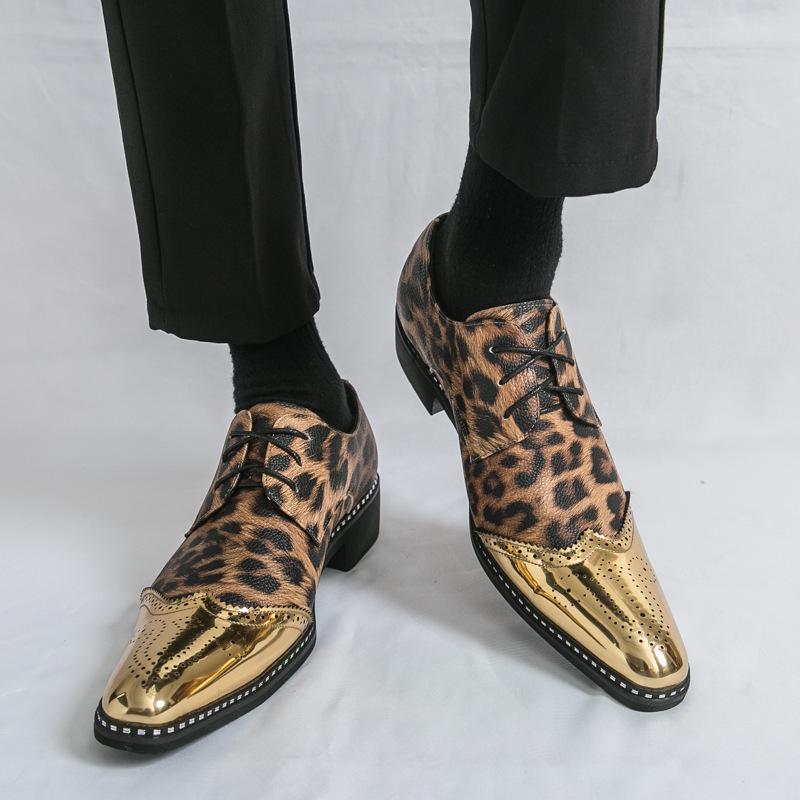 Men's Large Pointed Toe Leather Brogue Loafers - Shiny Leopard Print, British Style