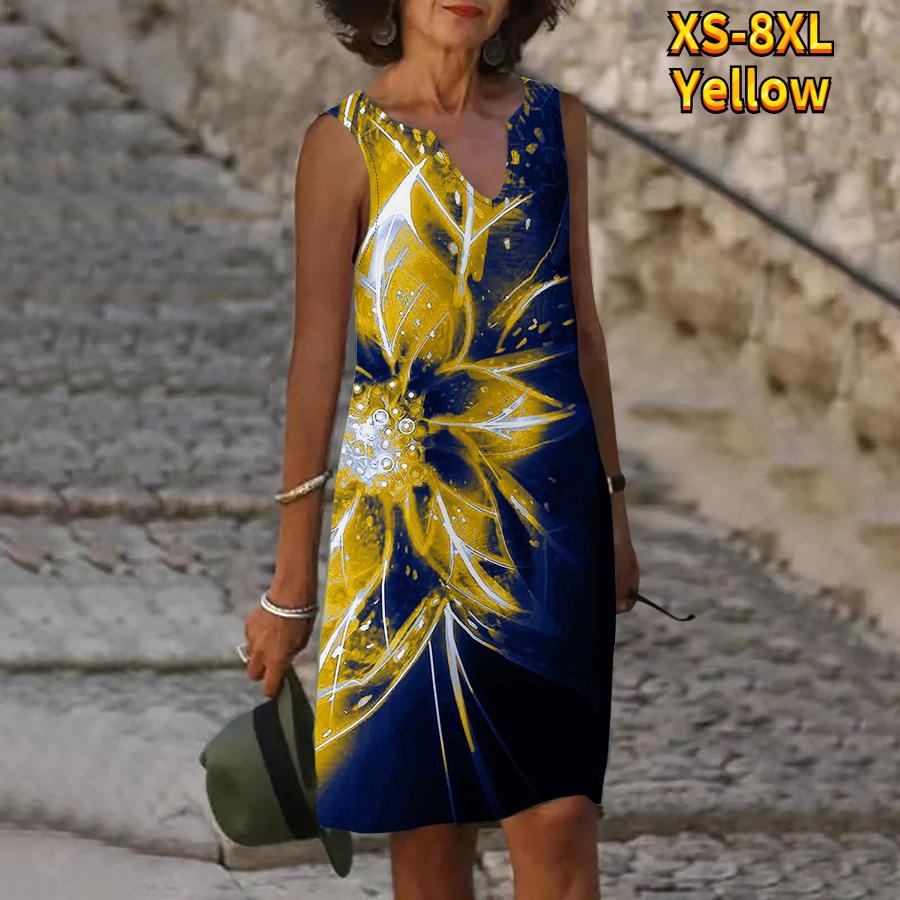 Women V Neck Summer A Flower with Green Glowing Stamens Print Dress Casual Sleeveless Fashion Casual Loose Sexy Dresses Plus Size XS-8XL