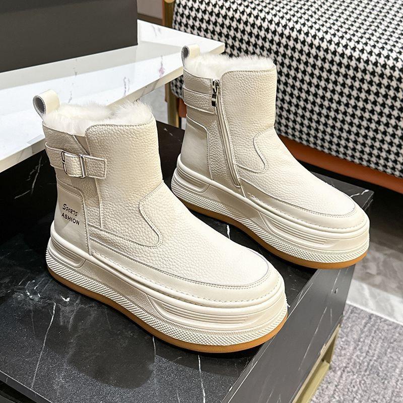 Women's Fur One Thick Bottom Heightening Winter Lightweight Padded Warm Snow Boots Non-slip Wear Leisure Sports Leather Waterproof Martin Cotton Boots