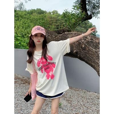 Damen Sommer Herbst Schulterbedrucktes Top mit Langohr-Kaninchen Neu Reine Baumwolle Locker Cartoon Kurzarm-T-Shirt