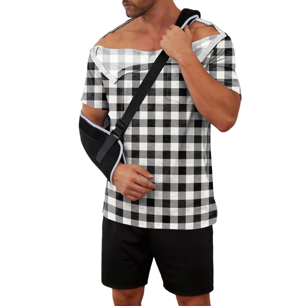 Men Recovery Shirt Full Front Opening Short Sleeve with Side Closures Plaid Print Adaptive Top for Use