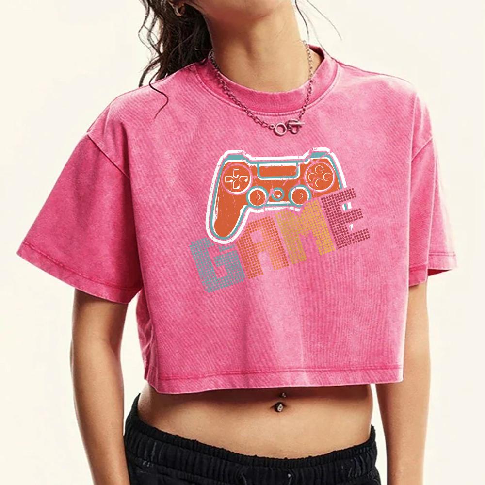 Game Console Creative Printing Women Washed T Shirt Street Retro Tee Top Casual Short Sleeve Cotton T-Shirts