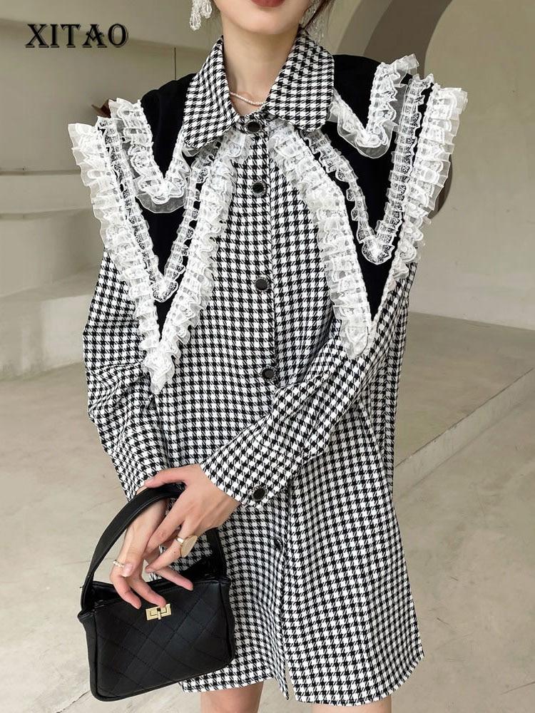 

XITAO кружевное платье с двойным воротником модное свободное однобортное женское платье с длинным рукавом WMD3064