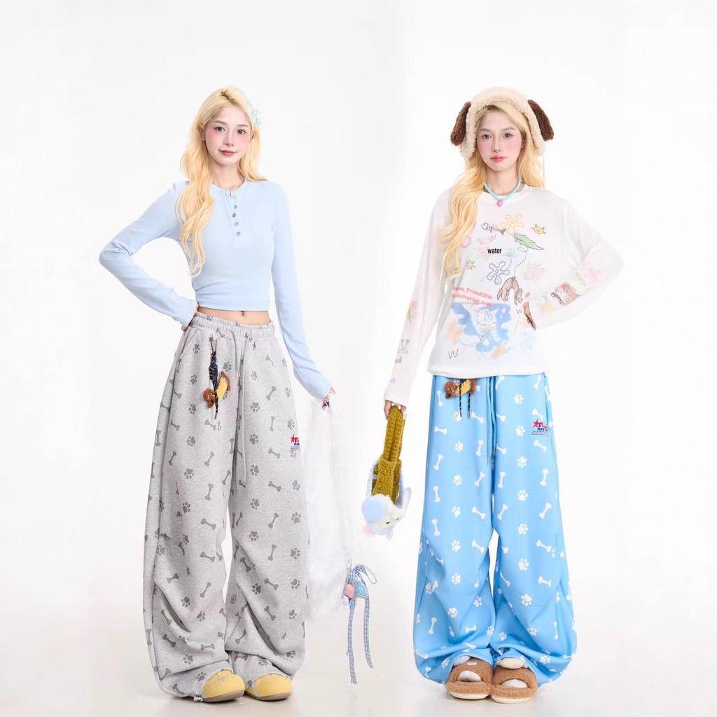 Pantalon de survêtement large à motif chat de dessin animé graffiti pour femme 2025