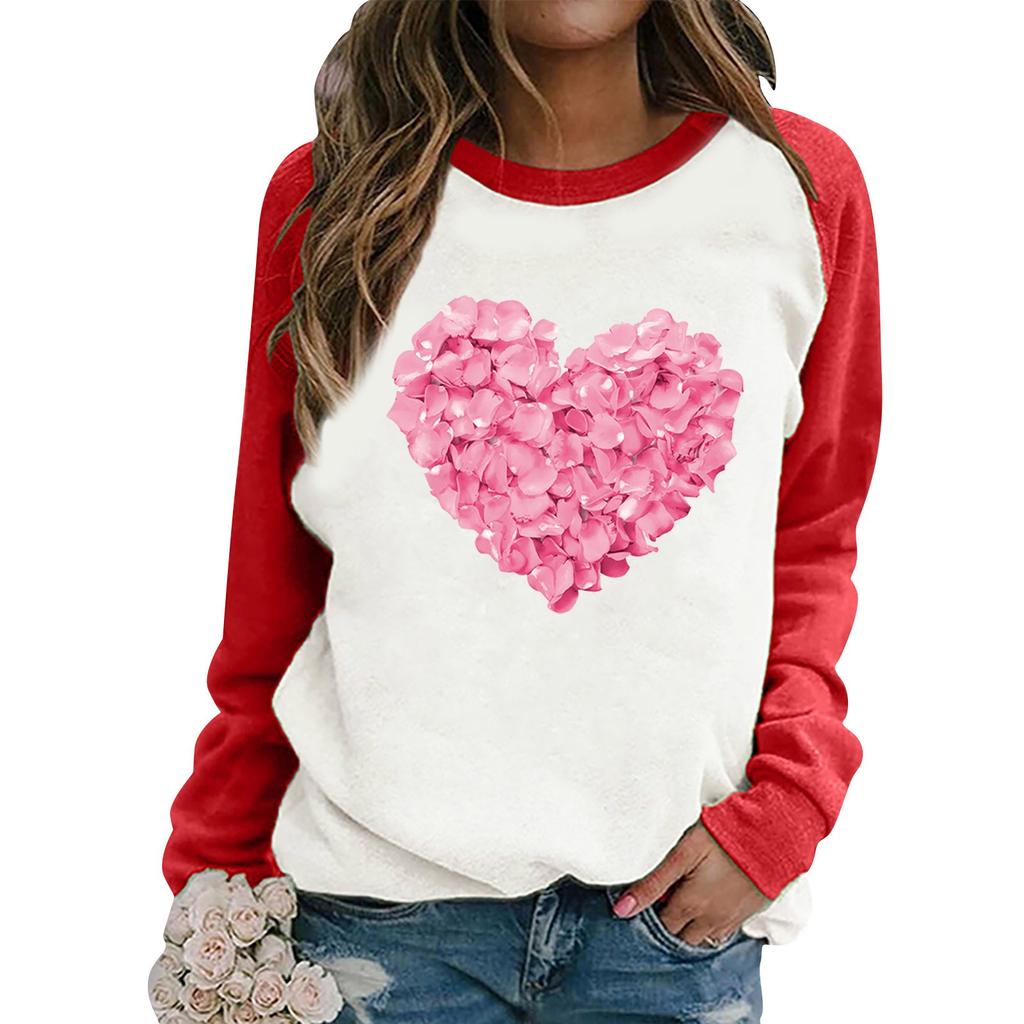 Ladies Casual Valentine's Day Print Round Neck Color Block Long Sleeve Pullover