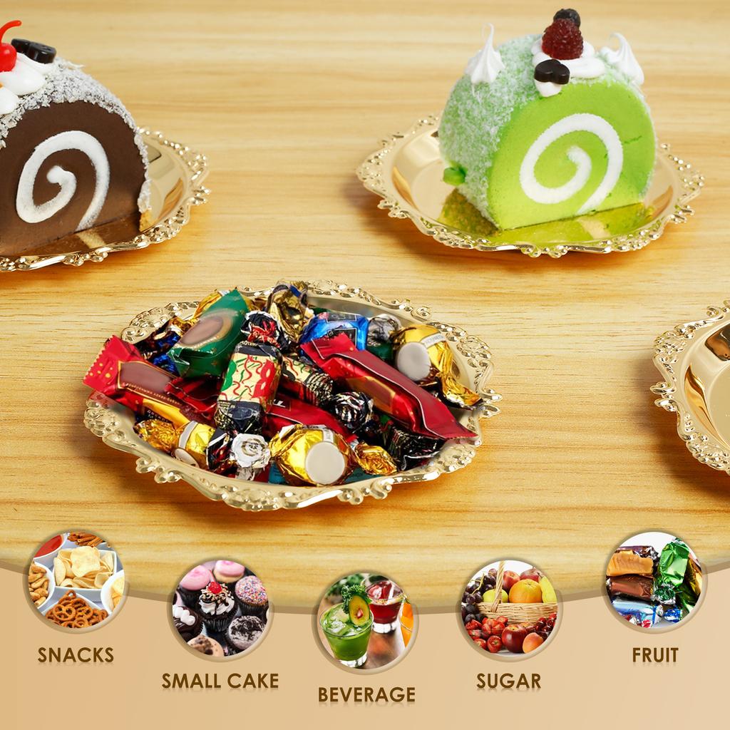 4 Stück Goldener Tablett Metall Eisen Goldene Platte Rund Schmuckschale Tablett für Dekoration Ornamente Buffet Obst Kuchen Partyzubehör