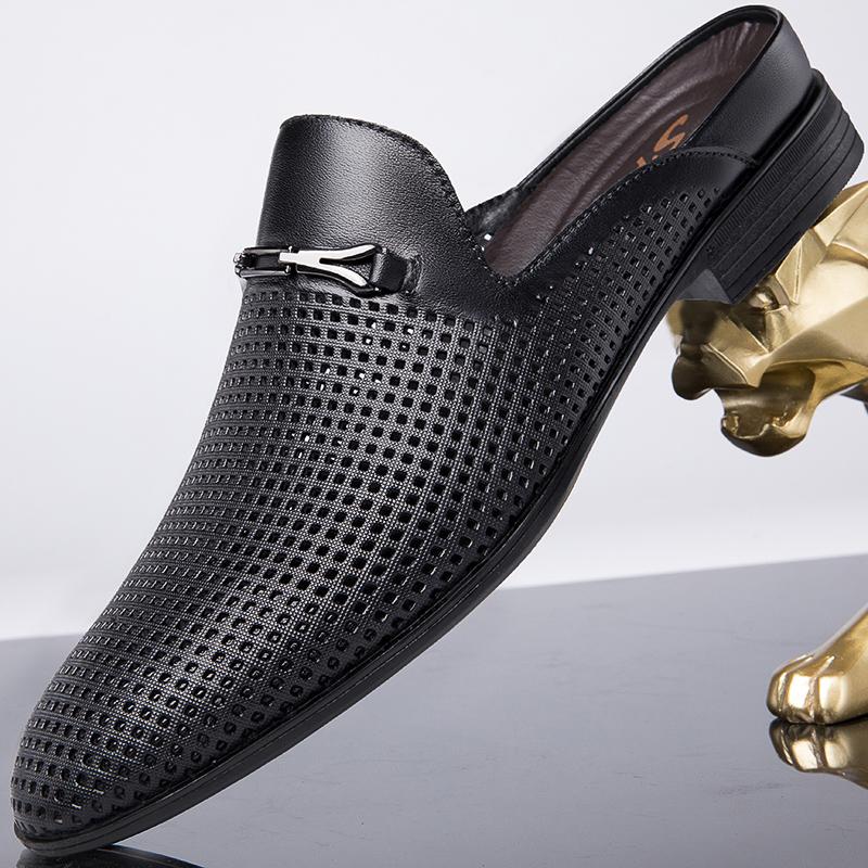 Fashion Men Slippers Genuine Leather Loafers Lazy Penny Shoes High Quality Sandals Slip on Mens Shoe Luxury Brand Half Drag Casual Shoes