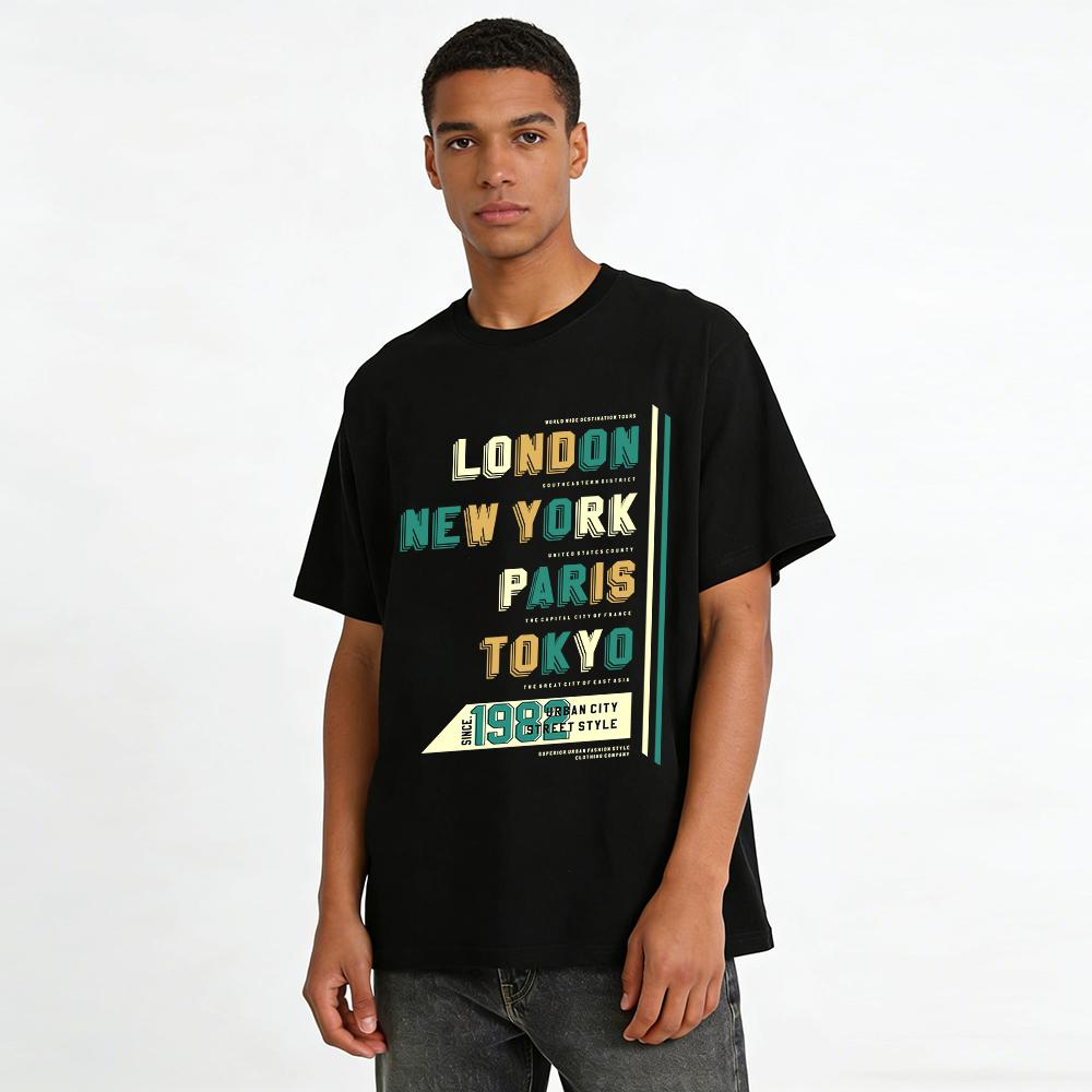 Vintage City Print Casual Top Retro Street Style Loose Crewneck T-Shirt Pure cotton T-shirt