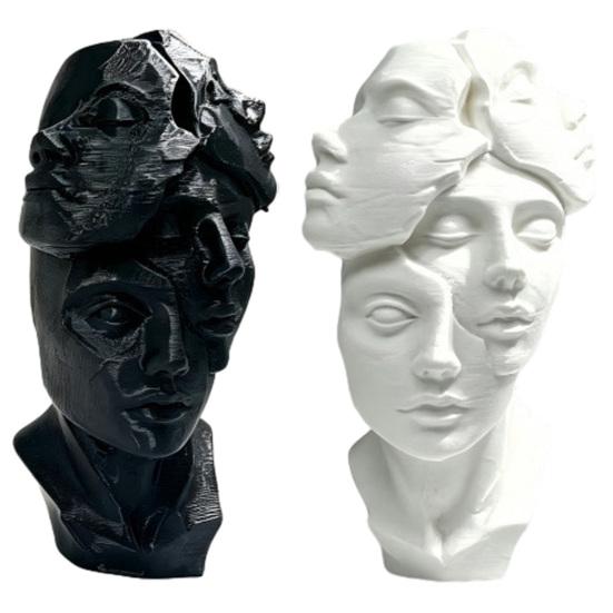 3D Printed Abstract Multi-Face Bust Sculpture, Art Decor with Black White Matte Finish, Compact Desktop Ornament for Entryway Home Office