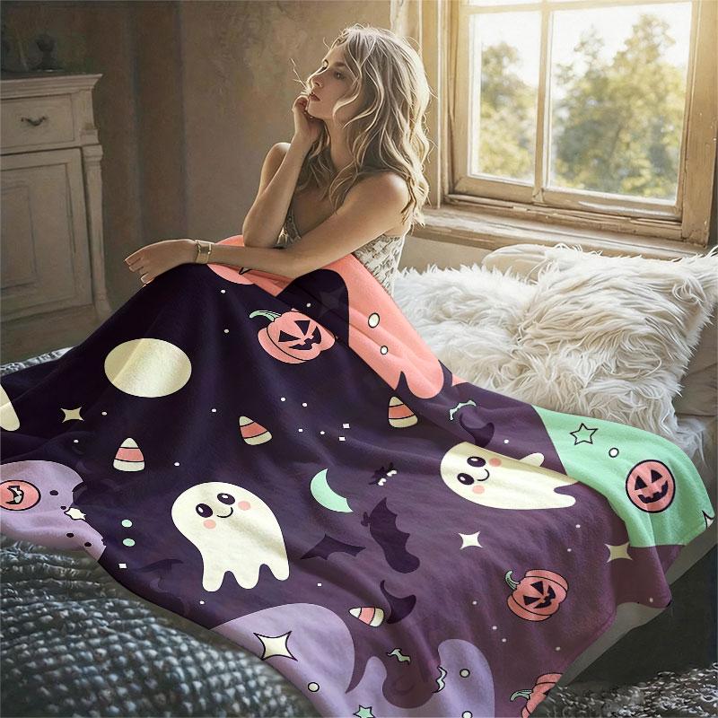 Cute Ghost Pumpkin Halloween Flannel Blanket Warm Soft Halloween Christmas Decorative Couch Warm Cozy All-Season Gift