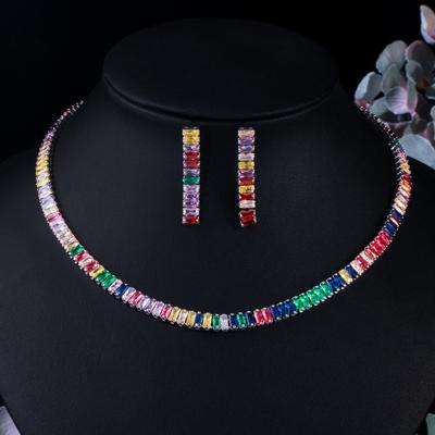 Jewelry Full Diamond Rainbow Zircon Necklace Gala Dinner Necklace Earrings Set
