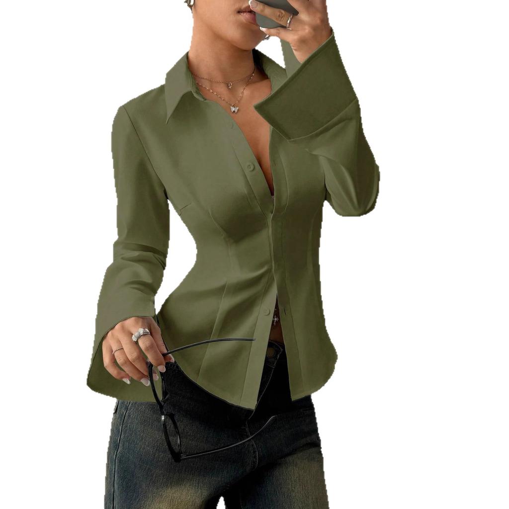 Women Collared Slim Fit Shirt Long Sleeve Button Down Elegant Casual Office Top