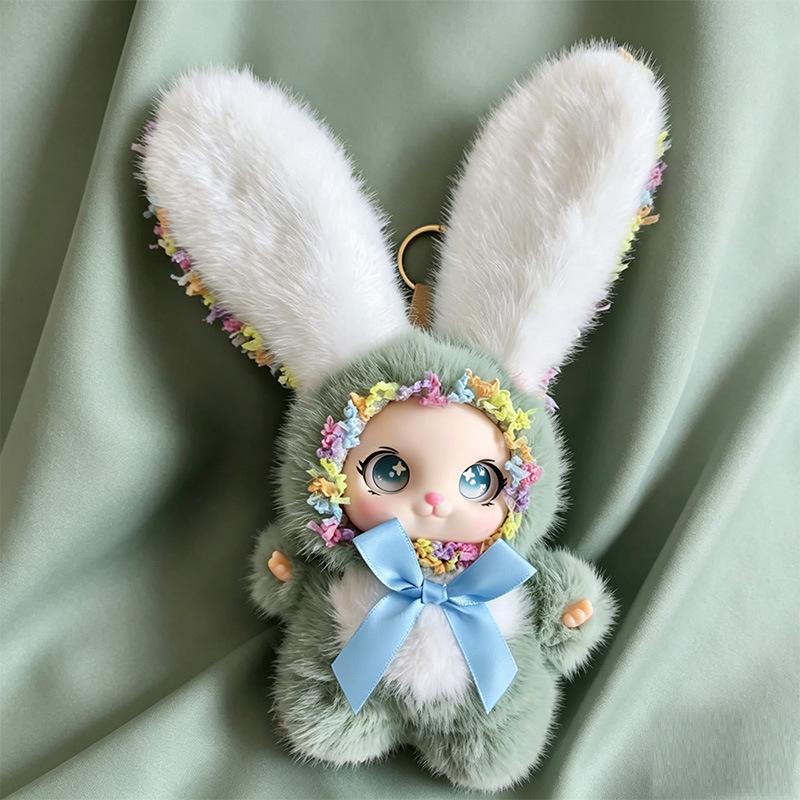 Super Soft Cute Big Ear Rabbit Plush Doll, Lace Trim Vinyl Face Bunny Pendant, Kawaii Plush Keychain Gift for Girls