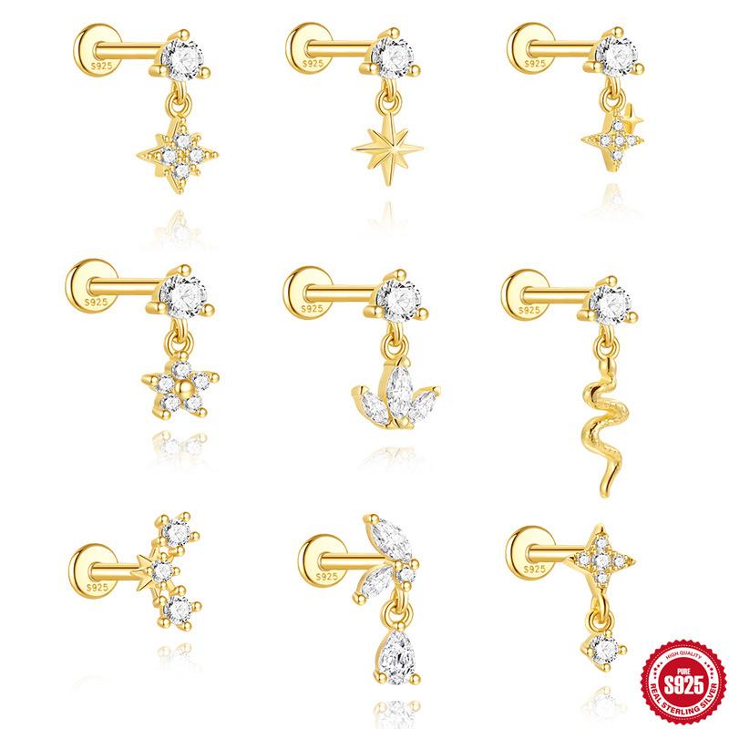 Classic 925 Silver Eight Pointed Star Snake Flower Inlaid Diamond Cartilage Earring 16G Flat Back Stud Piercing Minimalist Fashion