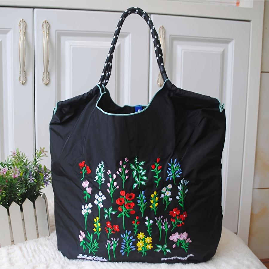 

Women s Sweet Style Embroidered Floral Tote Bag - Large Capacity Lightweight Shoulder Bag with Drawstring Closure, Floral Design for Shopping Bag чёрный