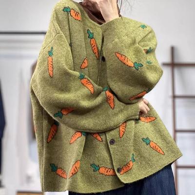 Women's Literary Jacquard Crew Neck Knit Jacket Autumn & Winter Loose Lazy Style Cardigan Sweater