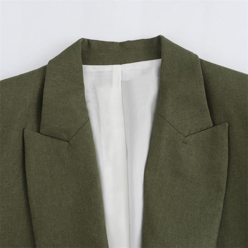 Faux Linen Roll-Up Sleeve Color Block Suit Jacket Autumn Women Fashionable Office Loose Blazer Coat Female Chic Outerwear