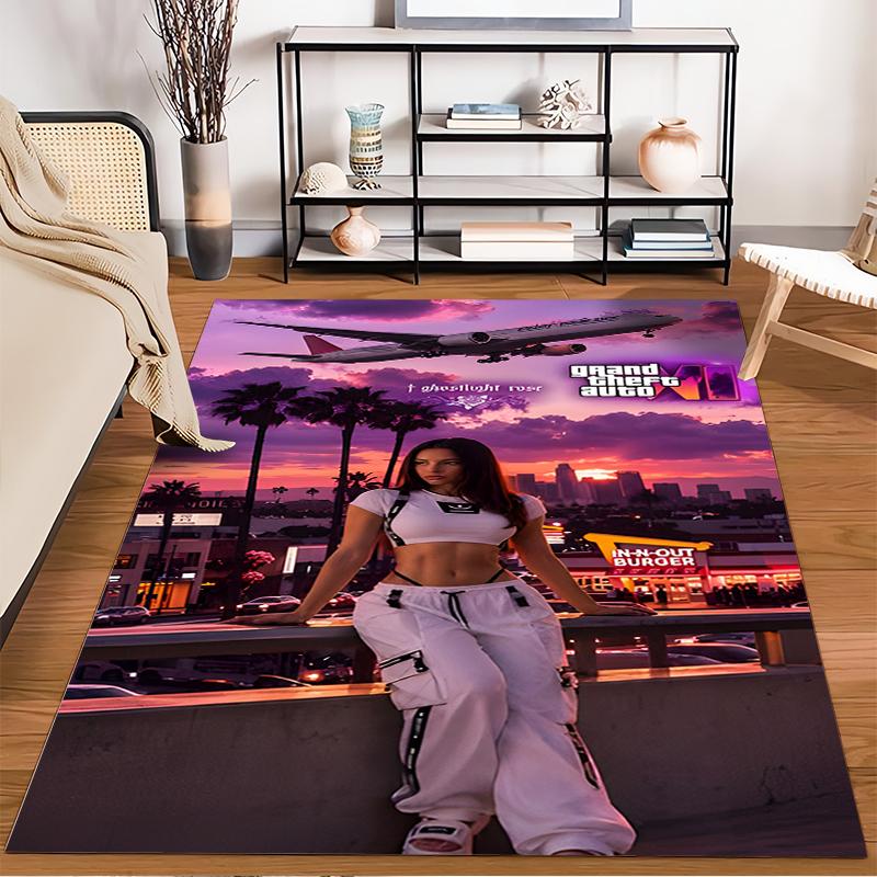 GTA VI Girl Sunset City Plane Rug Video Game Fans Home Decor Bedroom Floor Mat Wall Art