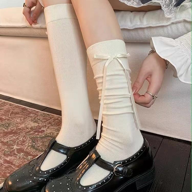 Autumn Women's Calf Socks with Bow Ribbons, High Appearance Level, Ballet Style, Thin and Breathable Lolita Women's Socks