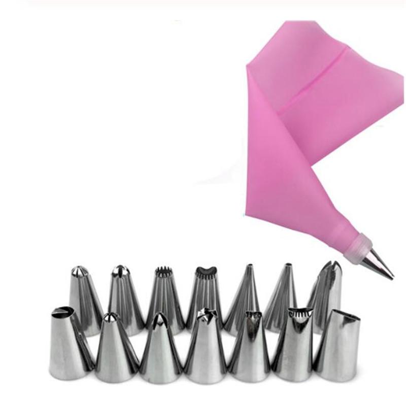 16 PCS/Set Silicone Kitchen Accessories Icing Piping Cream Pastry Bag +14 Stainless Steel Nozzle Set DIY Cake Decorating Tips