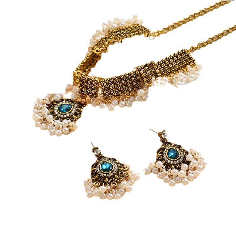 Braut, Mode Metall Wassertropfen Vintage Schmuckset Perle 2-teiliges Halskette Ohrringe Set