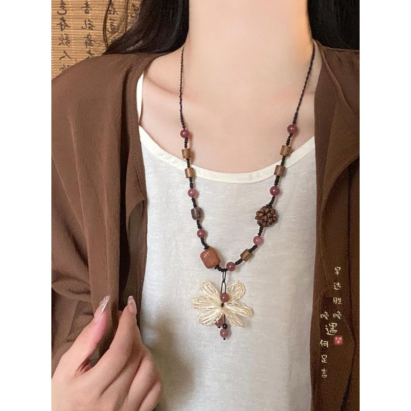 Retro Wood Woven Flower Long Necklace Women's New Chinese Ethnic Style Zen Sweater Chain Decorative Lanyard Accessories