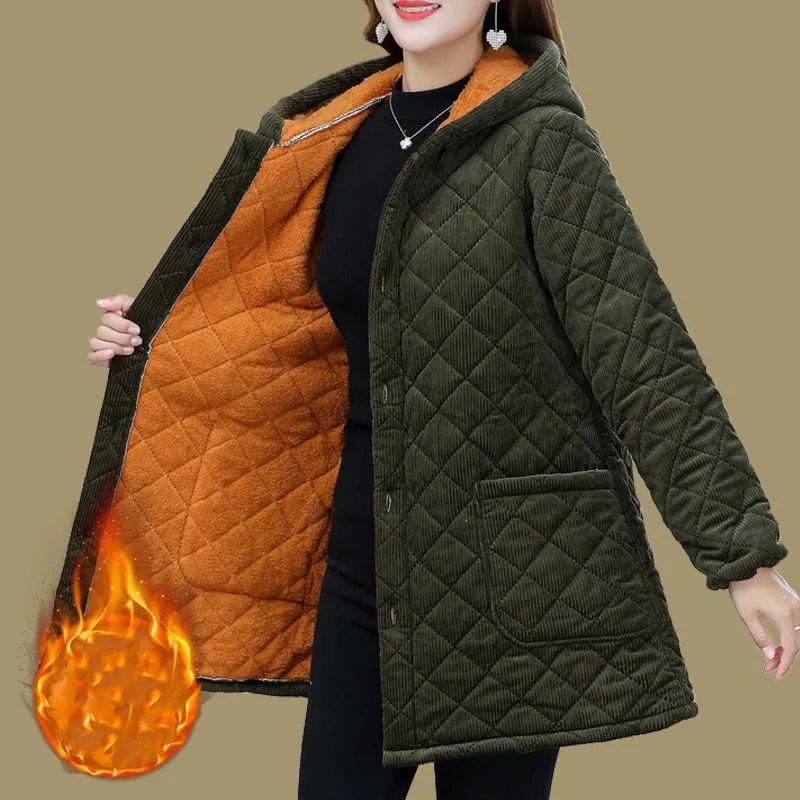 Mittellange Baumwolljacke für Damen, Herbst- und Wintermode, plus Daunen, warm, große Yards, dumme einfarbige Jacke