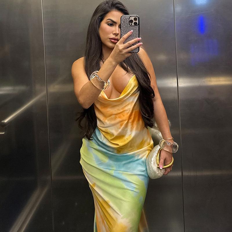 European and American Style Summer Women's Clothing New Fashion Personality Street Sexy Low Cut Slim Neck Halter Dress