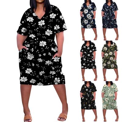 Summer Plus Size V Neck Short Sleeve Knee Pocket  Print Casual Dress For Women