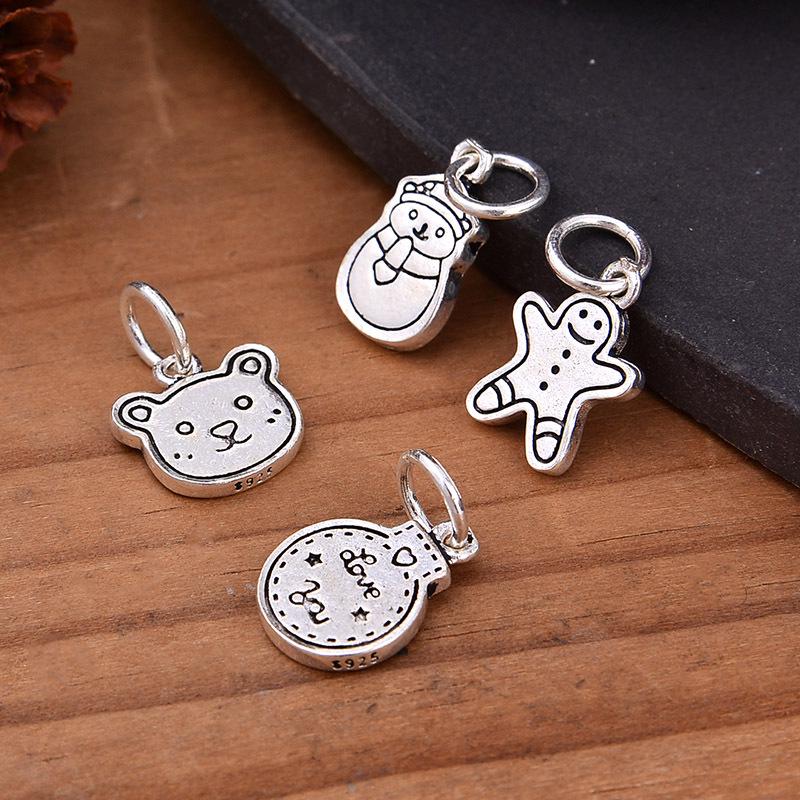 Sterling Silver Cartoon Charms: Gingerbread Man, Snowman, Teddy Bear, Light Bulb - Thai Silver Jewelry DIY Bracelet Accessories.