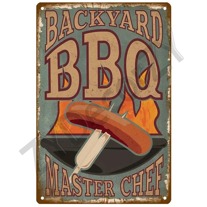 Retro BBQ Tin Sign - Vintage Wall Posters & Metal Decor - Decorative Wall Plate for Kitchens, Patios & Barbecue Themed Spaces