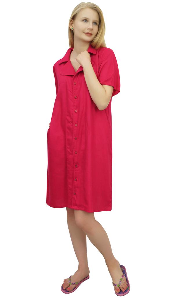 Bimba Women's Nightwear Beige Shirt Short Sleeve Dress With Pockets